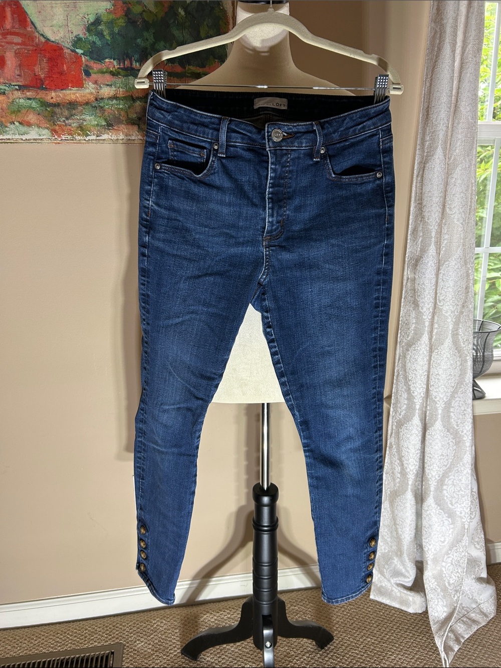 LOFT Dark Blue Cropped Jeans with Button Accents